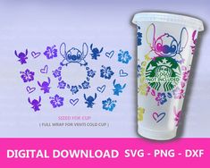 the starbucks cup is decorated with colorful flowers and bugs, as well as an advertise