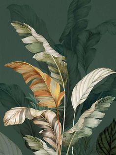 a painting of leaves and plants on a dark green background with white, yellow, orange, and grey colors