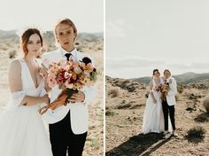 a bride and groom standing in the desert with their bouquets on their arms, holding each other