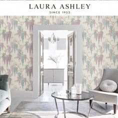 Laura Ashley Wisteria Garden Duck Egg Wallpaper Available Exclusively at Designer Wallcoverings Wisteria Wallpaper, Egg Wallpaper, Wisteria Garden, Next Home, Modern Wallpaper, Duck Egg, White Home Decor, White Houses, Wallpaper Samples