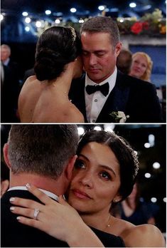 two pictures of a bride and groom sharing a hug at their wedding reception in front of an audience