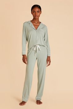 Your bridesmaids will feel like they're wrapped up in a soft, cooling cloud in this bamboo jersey pajama set. Available in Sage. Your arms and legs will thank you when they're wrapped up in our smooth, cooling bamboo jersey. | Sage Getting Ready Bamboo Size Large | Birdy Grey Jonny Long Sleeve Pajama and Pants Set Birdy Grey, Sleepwear & Loungewear, Ethereal Art, Long Sleeve Pyjamas, Birdy, Getting Ready, Get Ready, Feel Like, Pajama Set