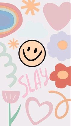 a card with an image of a smiley face and flowers in the background that says slay