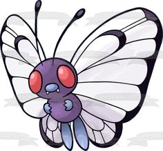 a cartoon butterfly with red eyes and black wings