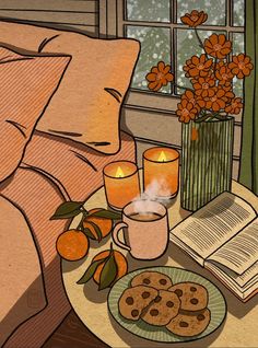 a tray with cookies and two candles on it next to a book, glass vase with orange flowers