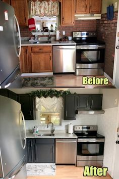 before and after pictures of a kitchen remodel with stainless steel appliances, wood cabinets, and marble counter tops