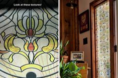 stained glass window with flowers and leaves on it, next to a potted plant