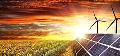 solar panels and windmills in a sunflower field with the sun setting behind them