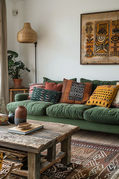 living room ideas, living room inspo, boho living room, afrohemian living room, afrohemian home decor Global Eclectic Decor Inspiration, African Art Decor, My Dream Home Interior, Home Decor Inspo Living Room, Afroboho Living Room, How To Style A Room, African Boho Decor, Green Accent Room, Art On Walls Living Room