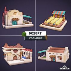 four different views of a desert farm house in pixel art style, with the text desert farmers on it