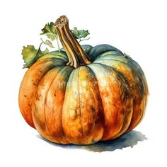 a watercolor painting of a pumpkin with leaves on it