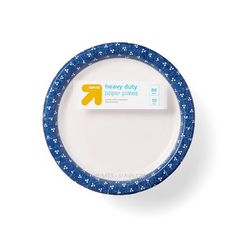 a white plate with blue speckles and a yellow dog sticker on it