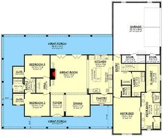 the first floor plan for a home with two master suites and an open concept kitchen