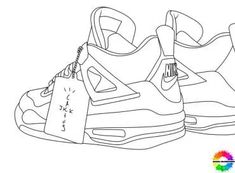 a drawing of a pair of shoes with a tag on the shoe laces that are attached to them