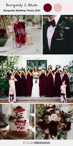 the wedding party is posing for pictures with their bouquets and cake in front of them