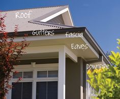 the parts of a house that are labeled in english and french words, including roof gutters fascia eaves downpipe