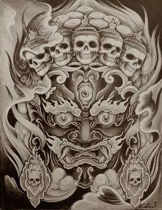 a black and white drawing of skulls on a face with flames coming out of it