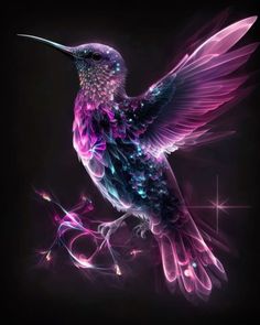 a colorful hummingbird sitting on top of a purple and black background with stars around it