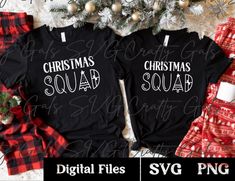 two christmas squad shirts on top of each other next to a christmas tree and presents