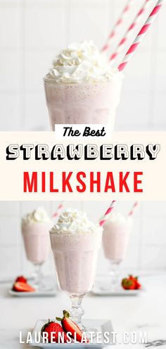 strawberry milkshake with whipped cream and strawberries