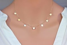 14k gold filled or 14k Rose Gold Fill or 925 sterling silver delicate coin disc necklace Perfect looking on its own or layering with other dainty necklaces. All metal components onto 14k gold fill ( not gold plated ). It could be 14k rose gold fill or sterling silver , choose from metal and length drop down box . ★★It makes of.. -6mm 14k gold fill 7 coins attach onto -14k gold fill cable chain with spring claw. -Come up with beautiful ribbon gift box and -One set of Care instruction package . It Prom Necklace Gold, Celebrity Necklace, Necklace Prom, Prom Necklace, Gold Coin Pendant, Coin Choker, Initial Disc Necklace, Prom Necklaces, Gold Disc Necklace