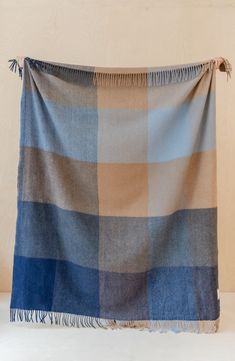 a blue and tan checkered blanket hanging on a wall