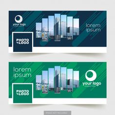 two horizontal banners with cityscape in green and blue colors, one for photography