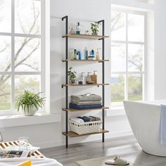 a bath room with a tub and a shelf