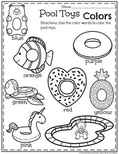 a coloring page with different items for the pool toys colors and pictures to color in