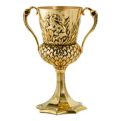 a golden trophy cup with a lion on the front and sides, sitting on a white background