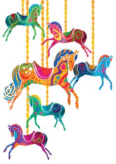 several colorful horses hanging from strings on a white background in the shape of an ornament