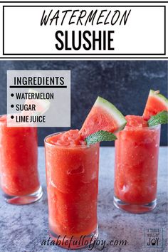 three glasses filled with watermelon slushie on top of a gray counter