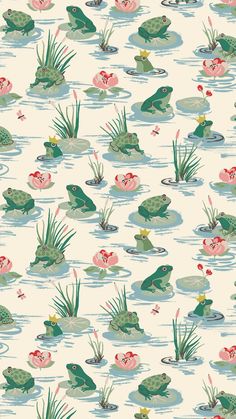 an image of frogs and lily pads in the water