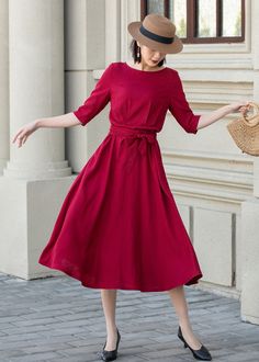 "Give you a color of red this linen midi dress, design in fit and flare silhouette with puffy sleeve cuffs and swing skirt, both chic and modest in style that you can wear with ornaments as belt, earings, bags..in any you love to suit every life occasion. DETAIL * 50% Linen, 50% cotton * Two side pockets * Half Sleeve * Right zipper closure * Perfect for summer, spring, autumn * Dry clean *The model is 170 cm (5′7″) tall with a 80 cm (31.5\") bust, 66 cm (26\") waist. She is wearing the red dress in size XS. CUSTOM MADE SERVICE If you * Change other color * Can't find your size in our size Chart * Change the length * Your Height is not Between 5'1\" - 5\"9\" * Your weight is not Between 47 kg - 67kg I can do it for you, It will need some extra fee depending on on your need. Contact with me Elegant A-line Linen Dress With Pockets, Spring Red Midi Dress With Pockets, Red Spring Dresses With Pockets, Spring Red Dresses With Pockets, Red Maxi Dresses With Pockets, Solid Color Linen A-line Midi Dress, Solid Color Linen Midi Dress, Red Spring Maxi Dress With Pockets, Red Summer Midi Dress For Work