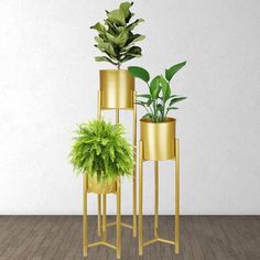 three gold plant stands with plants in them