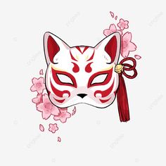 a white cat mask with red and pink flowers on it's head, wearing a red