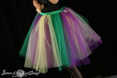 "Handmade from over 35+yards of soft smooth Bridal tulle, two layer of soft bridal tulle in purple, green and yellow colors that have been gathered and serged to the fabric covered elastic waistband for extra durability. This skirt is made to be around knee length 20\" long. This skirt is not made yet, It is made when ordered! Measurement: Sizes go by smallest waist size tutu will fit to largest Hips tutu fits over These are our measurements, not \"standard sizing\". Please Measure before buying Jester Costume Halloween, Plus Size Tutu, Sisters Of The Moon, Knee Length Tulle Skirt, Jester Costume, Halloween Dance, Mardi Gras Outfits, Tutu Skirt, Costume Halloween