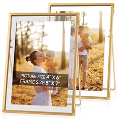 two gold frames with an image of a woman holding a baby in her arms and the frame is 4x6