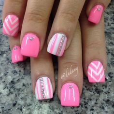 Wonderful looking stripes and zigzag pink nail art design. Using pink and white as base color, the contrasting colors are painted over the base colors as the stripes and zigzags. Additional silver beads are added on top. Do It Yourself Nails, Pink White Nails, Pink Nail Art Designs, Pink Nail Art, White Nail Designs, Nails Polish, Get Nails, Cute Nail Art, Gel Nail Designs