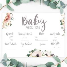 a white sign with greenery and flowers on it that says baby preciouss,