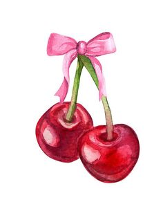 two cherries tied with a pink ribbon on top of each other in watercolor