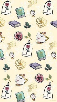 an image of the beauty and the beast pattern on a yellow background with roses, books, and rings