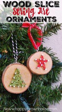 wood slice christmas ornaments with text overlay that reads, how to make wooden slice string art ornaments