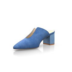 Formal Suede Mules With Block Heel, Suede Mules With Sculpted Heel And Round Toe, Blue Leather Mules With Leather Sole, Blue Suede Slip-on Mules, Suede Slip-on Heels With Leather Sole, Blue Pointed Toe Mules With Sculpted Heel, Blue Mules With Sculpted Heel And Pointed Toe, High Heel Suede Mules With Leather Sole, Blue Mules With Deep Heel Cup And Open Heel