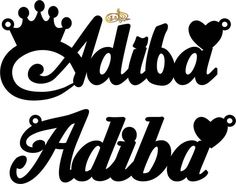 two black and white letters that say adiba and adiba with hearts on them