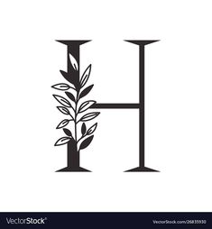 the letter h with a plant in it and two candles on each side, black and white