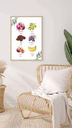 a room with a wicker chair, plant and fruit poster on the wall above it