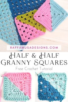 a collage of pictures showing crocheted half-and-half classic granny squares and half-and-half solid granny squares. Half And Half Granny Square Crochet, Two Color Solid Granny Square, Half Square Granny Square, Triangle Crochet Granny Square, Split Granny Square Pattern, How To Make Half Granny Squares, Granny Half Square, Half Granny Square Pattern Diagram, Half Granny Square Crochet