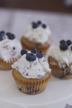 blueberry cupcakes with white frosting and blueberries on top are sitting on a cake plate