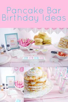 a pancake bar birthday party with pink and white decor